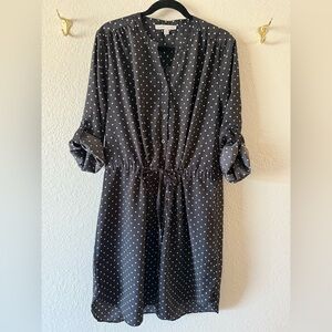 Larry Levine Black White Polkadot Knee Length Shirt Dress XL Roll Tab Sleeves